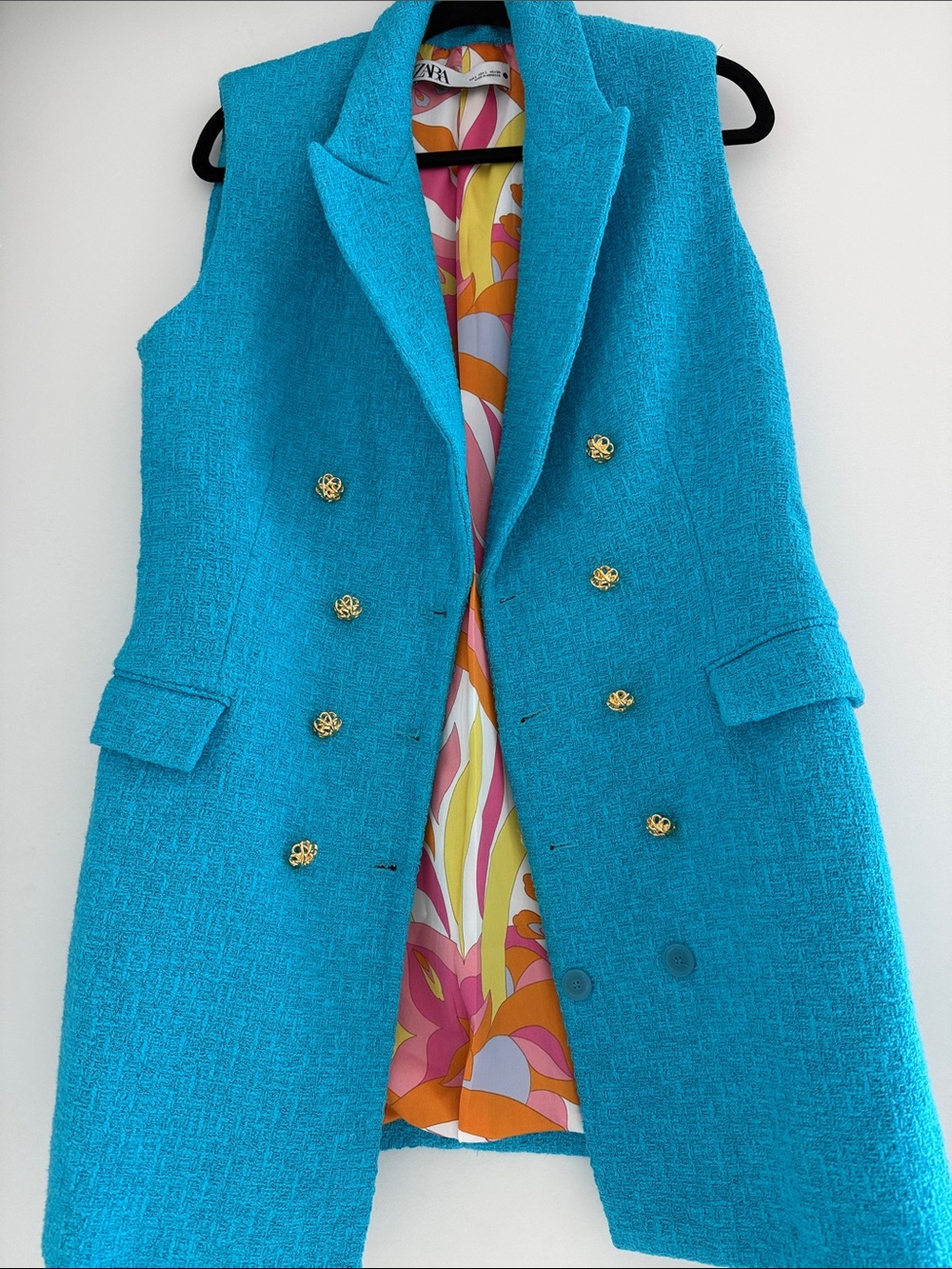 Zara Bright Turquoise Bouclé Sleeveless Coat Vest with Gold Buttons